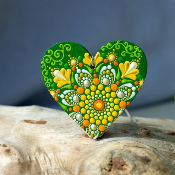 Heart Shaped Mandala Ornament Dot Art: Hand-Painted Acrylic Green Ornament - Picture 4 of 4